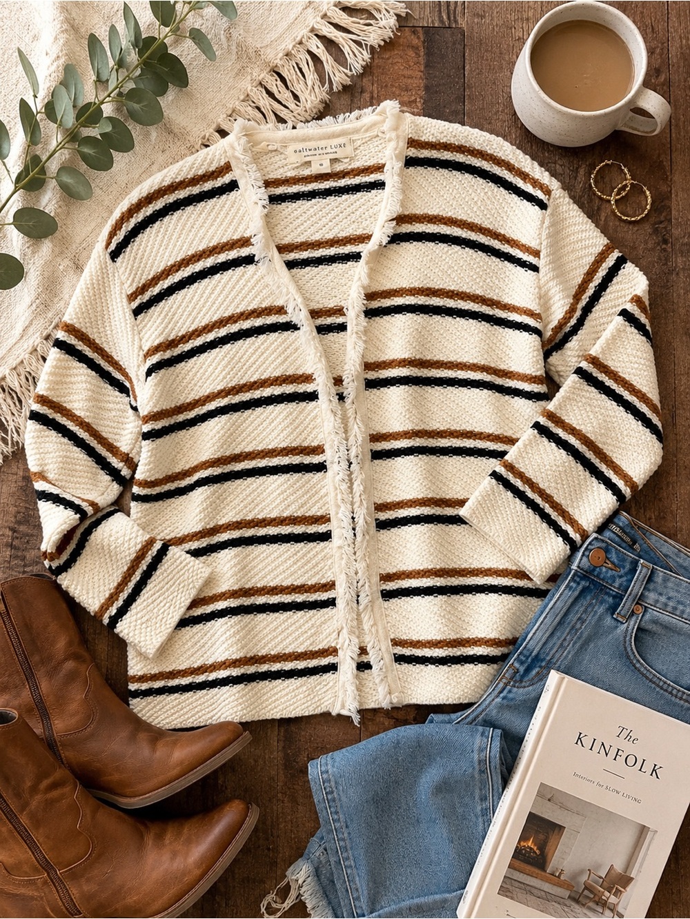 Saltwater Luxe Coastal Chic Fringe Cardigan | Cream Stripe Knit Sweater